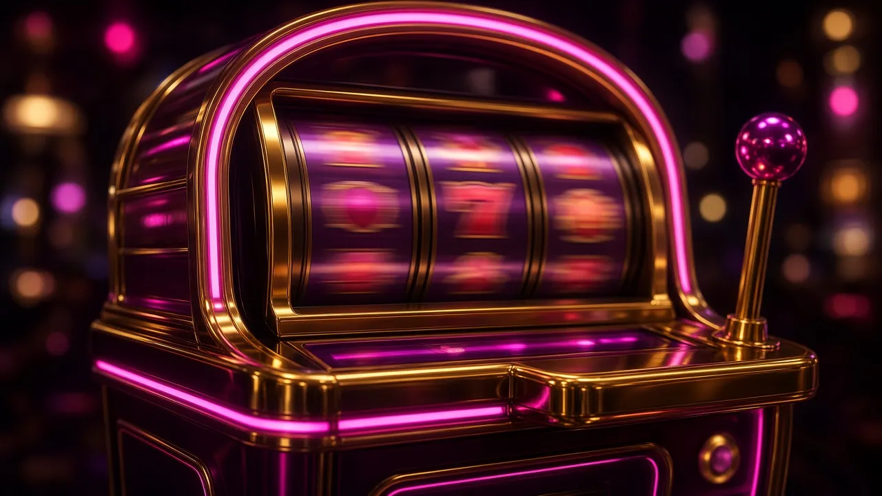 Casino slot machines glowing gold and magenta