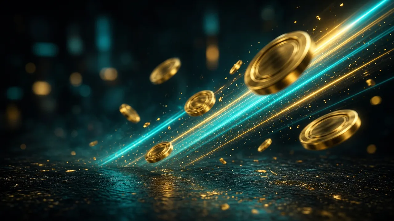 Gold chips and neon light streaks in a dark gaming room