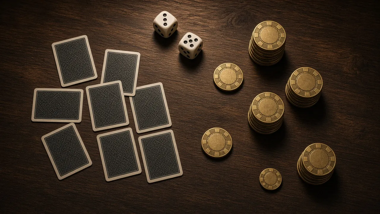Cards, dice and gold chips on a dark casino table