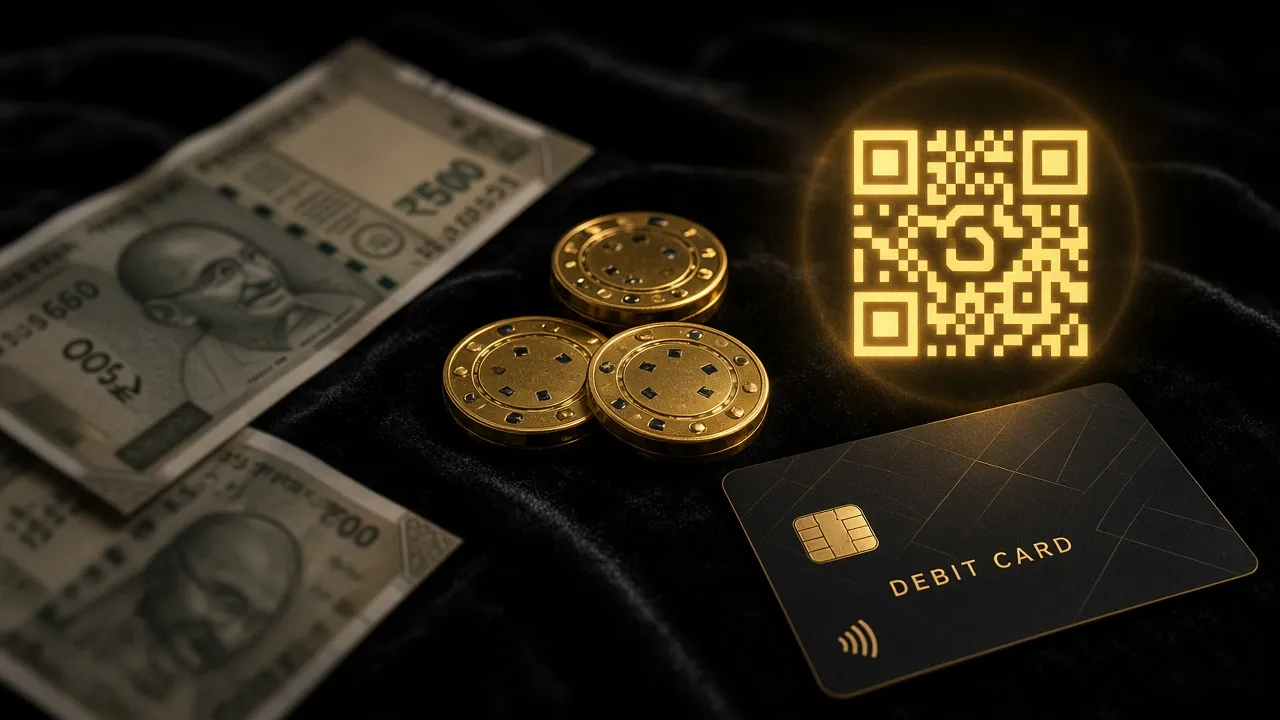Indian rupee notes, gold chips and a payment card on black velvet