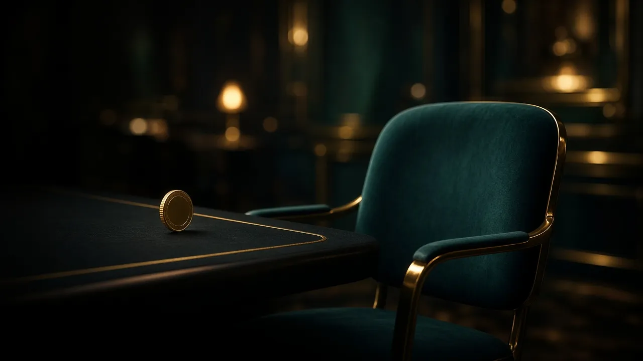 Empty casino chair and a single gold chip in dim light