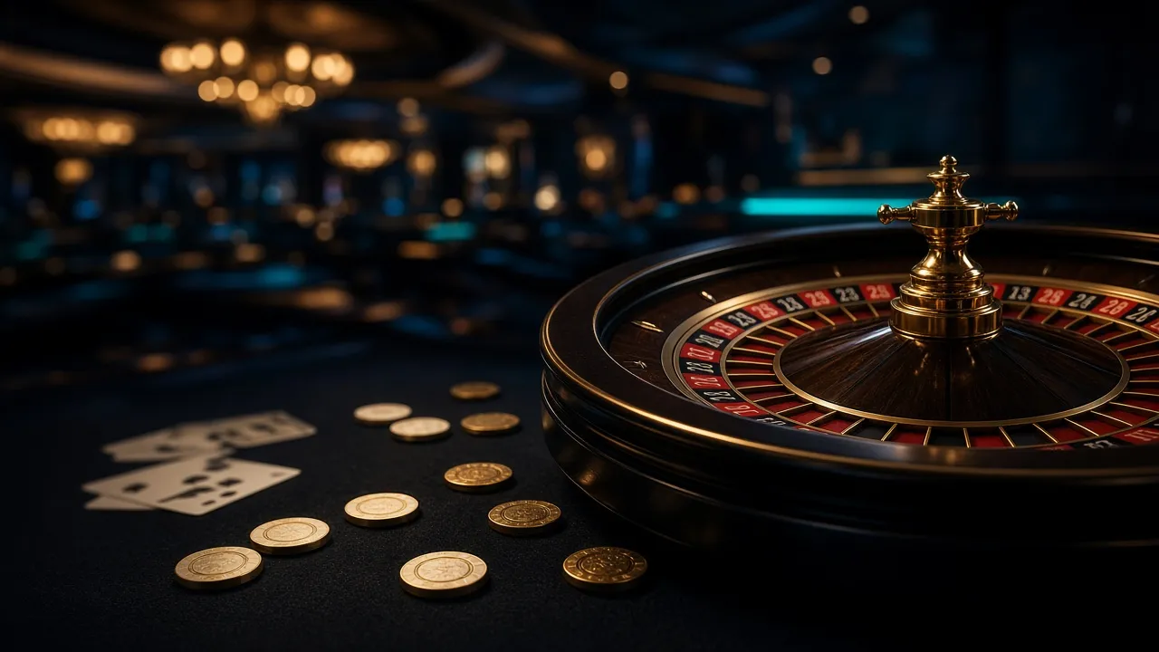 Dark luxury casino floor with a roulette wheel, gold chips and playing cards
