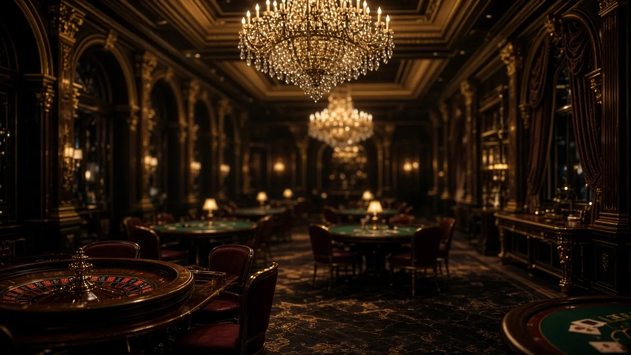 Grand dark casino hall with chandeliers and gold tables
