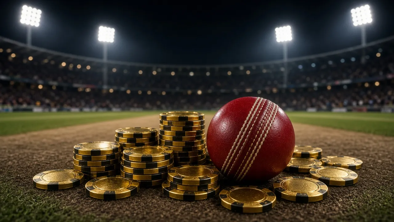 Cricket ball with gold casino chips under stadium lights
