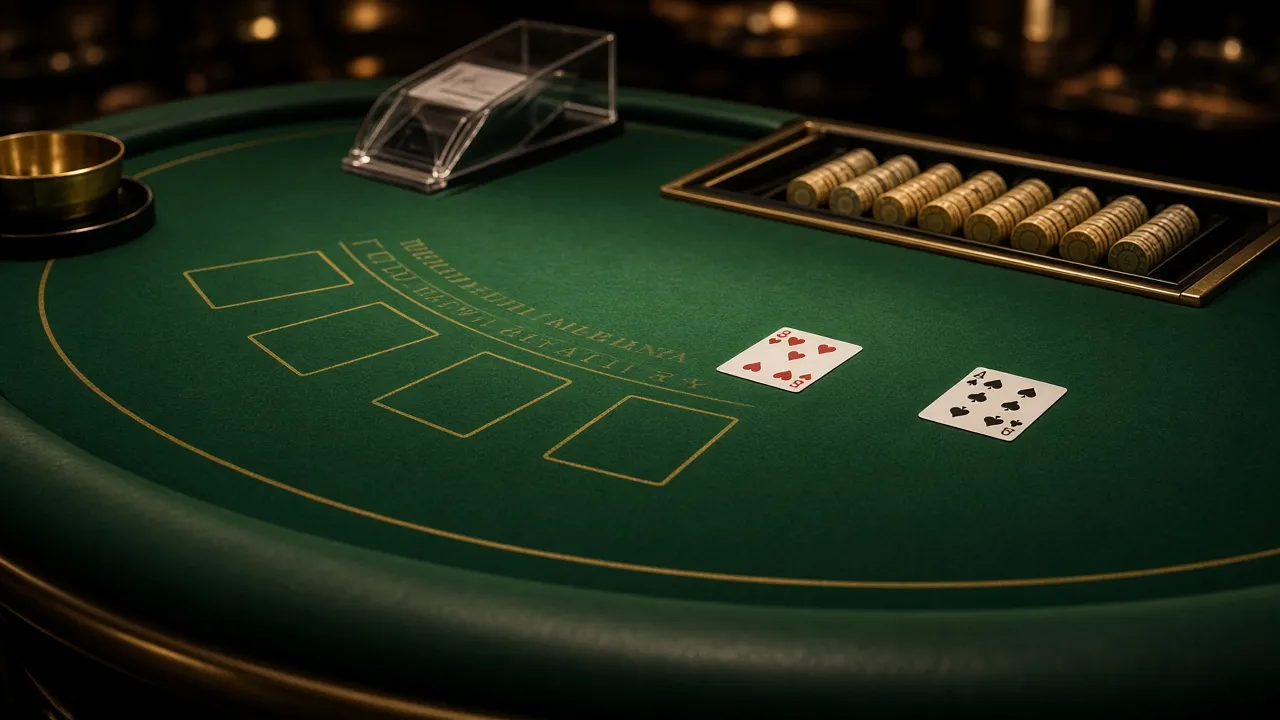 Live blackjack table with gold chips on green felt