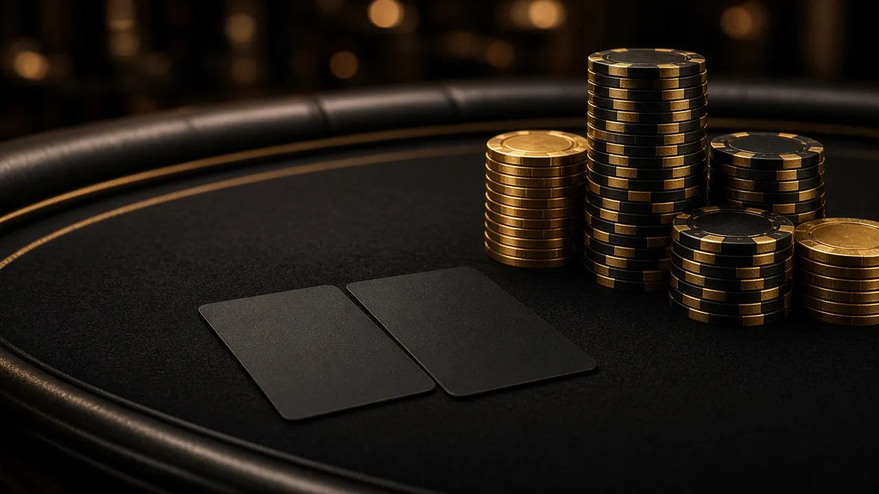 Poker table with stacked chips and facedown cards